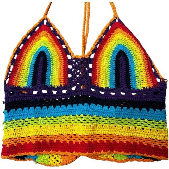 Multicolored Rainbow Halter Cropped Top Size S Hand made Y2K Retro Hippie - Picture 5 of 7